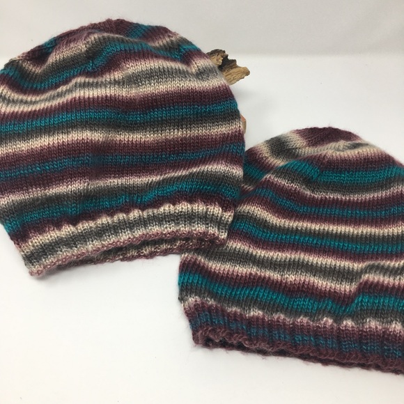 Handknitted Striped Burgundy Teal Cream Grey Ribbed Edge Unisex Slouchy Hat - Picture 12 of 16